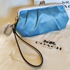 Coach Satin Metallic Silver Leather Frame Kisslock Clutch Wristlet in Pond NWT